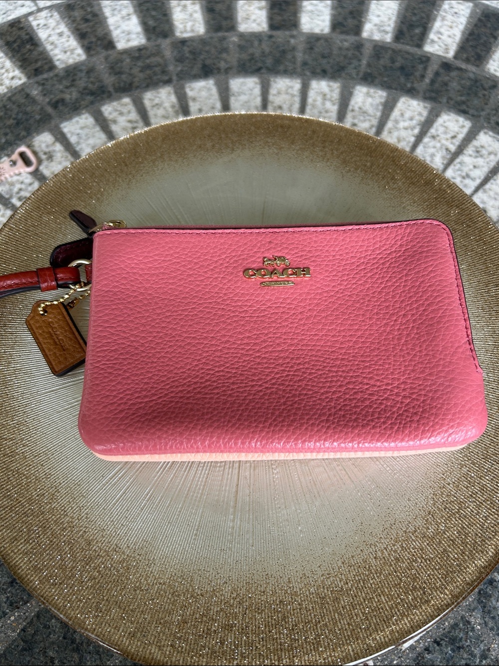 Coach Pink Pebbled Leather Wristlet with Gold Logo
